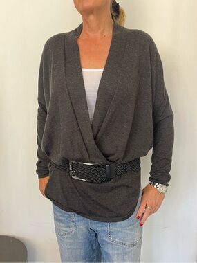 Brunello Cucinelli Charcoal Wrap-Front Knit Cardigan